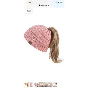 Alepo Womens High Messy Bun Beanie Hat with Ponytail Hole. Pink color